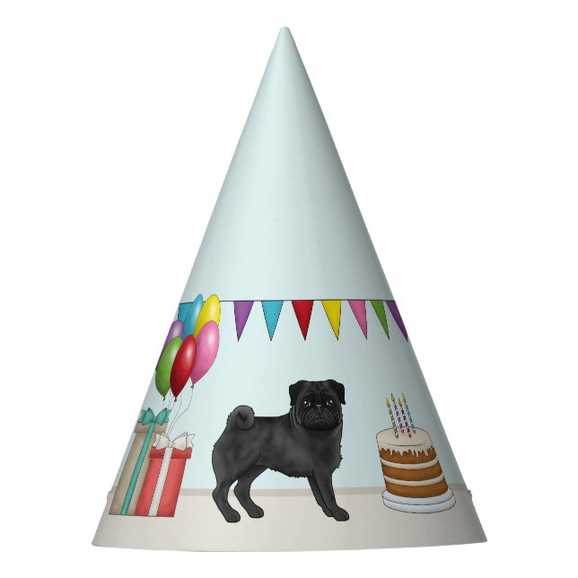 Black Pug Cute Cartoon Dog Colourful Birthday Party Hat (Front)
