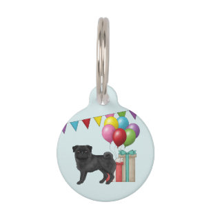 Black Pug Cute Cartoon Dog Colourful Birthday Pet Tag
