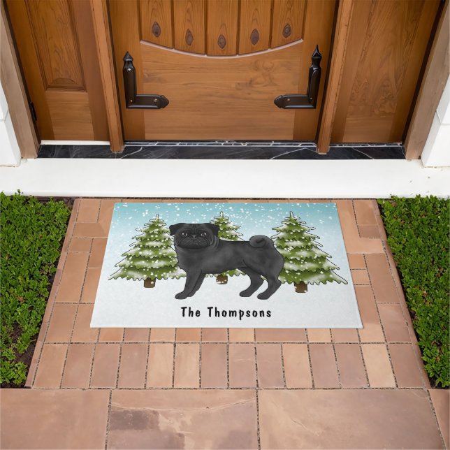 Black Pug Cute Cartoon Dog Snowy Winter Forest Doormat (Outdoor)