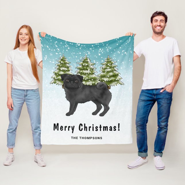 Black Pug Cute Cartoon Dog Snowy Winter Forest Fleece Blanket (In Situ)