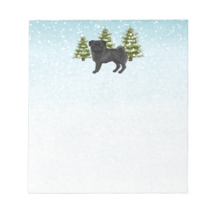 Black Pug Cute Cartoon Dog Snowy Winter Forest Notepad