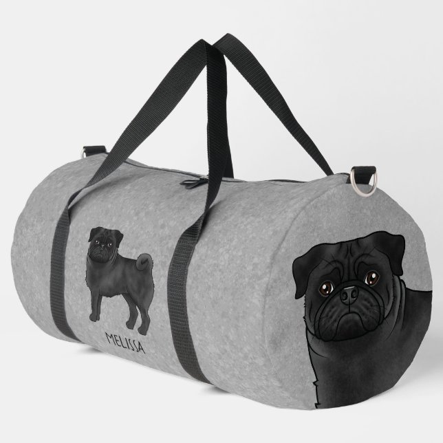 Black Pug Cute Cartoon Dog With Custom Name Grey Duffle Bag (Left Corner)