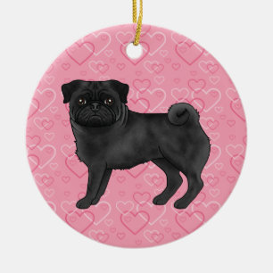 Black Pug Cute Mops On Pink Hearts Pet Memorial Ceramic Tree Decoration