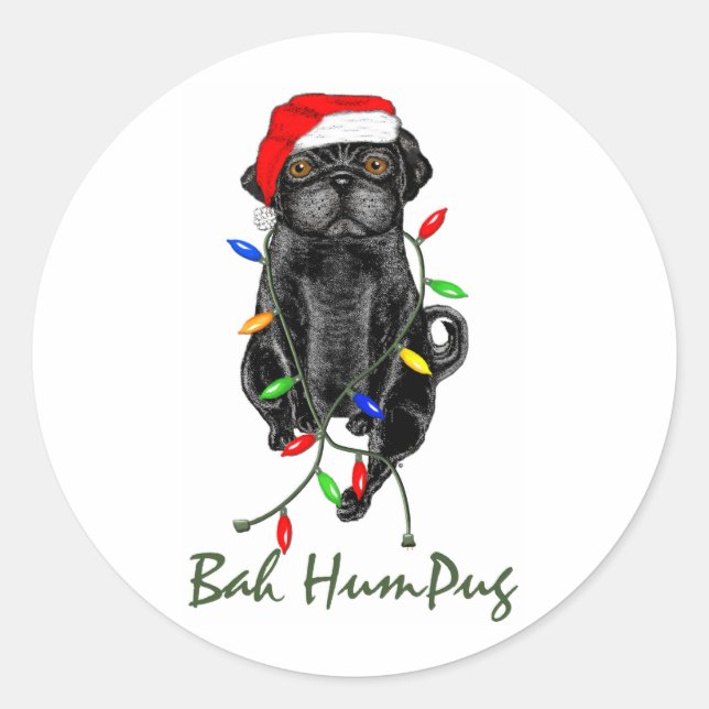 Black Pug Dog Bah Humpug Funny Christmas Classic Round Sticker (Front)