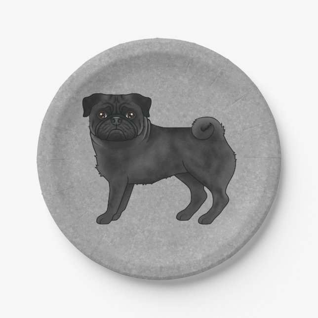 Black Pug Dog Breed Cute Cartoon Illustration Grey Paper Plate (Front)
