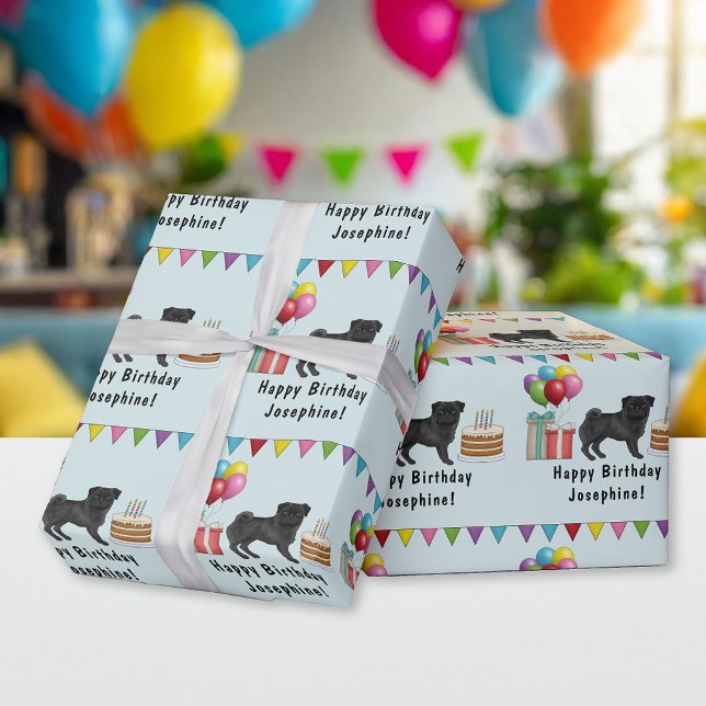 Black Pug Dog Cartoon Mops Colourful Happy Birthda Wrapping Paper (Creator Uploaded)
