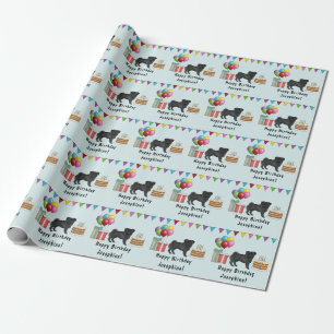 Black Pug Dog Cartoon Mops Colourful Happy Birthda Wrapping Paper