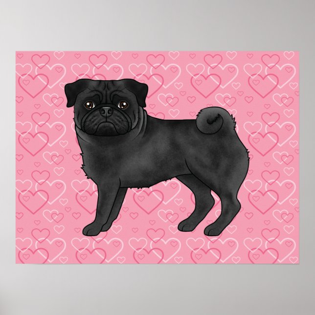 Black Pug Dog Cartoon Mops Love Heart Pattern Pink Poster (Front)