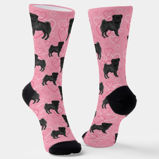 Black Pug Dog Cartoon Mops Love Heart Pattern Pink Socks (Angled)
