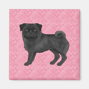 Black Pug Dog Cartoon Mops Pink Love Heart Pattern Magnet