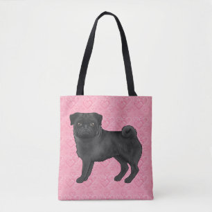 Black Pug Dog Cartoon Mops Pink Love Heart Pattern Tote Bag
