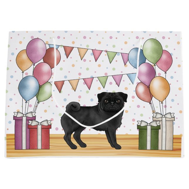 Black Pug Dog Colourful Pastel Birthday Balloons Large Gift Bag (Front)