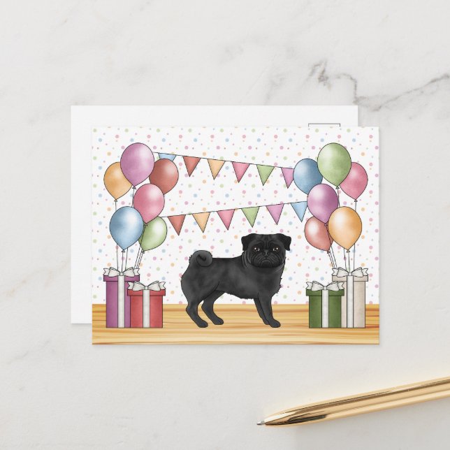 Black Pug Dog Colourful Pastel Birthday Balloons Postcard (Front/Back In Situ)