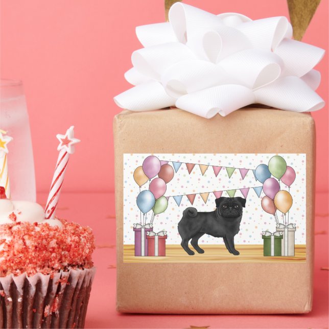 Black Pug Dog Colourful Pastel Birthday Balloons Rectangular Sticker (Party)