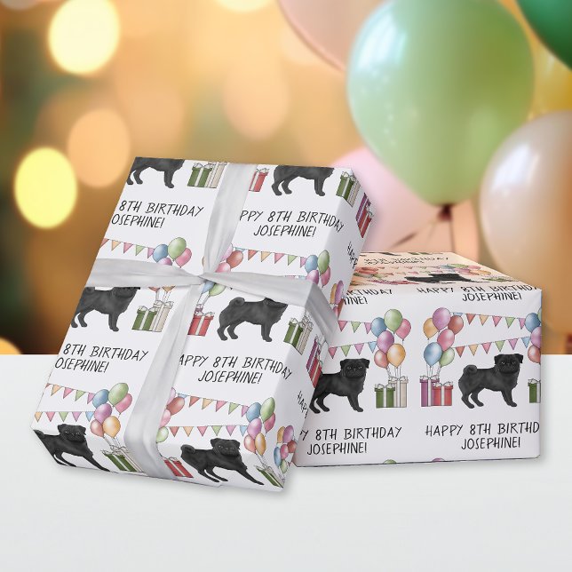 Black Pug Dog Colourful Pastel Happy Birthday Wrapping Paper (Creator Uploaded)