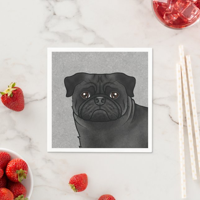 Black Pug Dog Cute Cartoon Dog Head Illustration Napkin (Insitu)