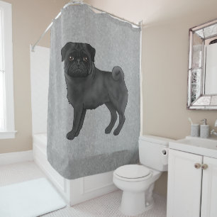 Black Pug Dog Cute Cartoon Dog Illustration Grey Shower Curtain