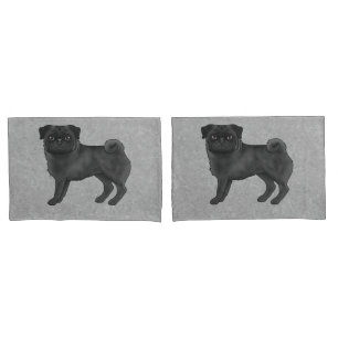 Black Pug Dog Cute Cartoon Illustration Grey Pillowcase