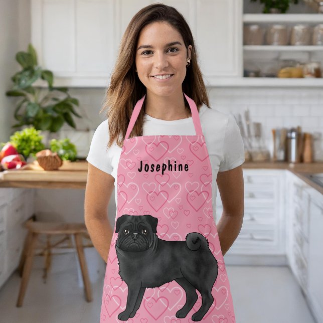 Black Pug Dog Cute Mops And Pink Hearts With Name Apron (Disclaimer: This image is a digital mockup thus items may not be in scale.)