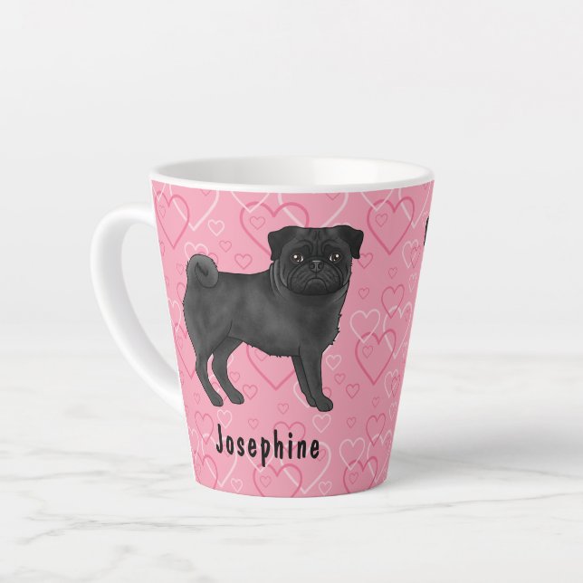 Black Pug Dog Cute Mops And Pink Hearts With Name Latte Mug (Left Angle)