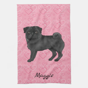 Black Pug Dog Cute Mops And Pink Hearts With Name Tea Towel