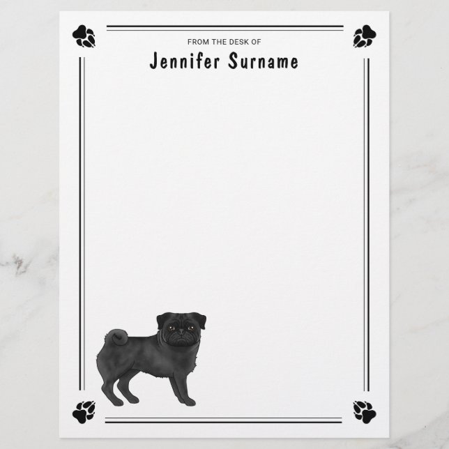 Black Pug Dog Cute Mops Dog Breed Design Custom Letterhead (Front)