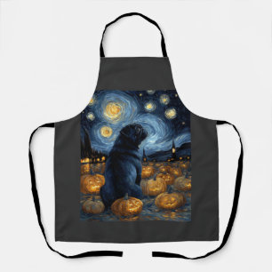 Black Pug dog of van gogh starry night halloween F Apron