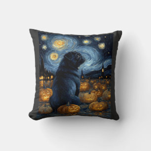 Black Pug dog of van gogh starry night halloween F Cushion
