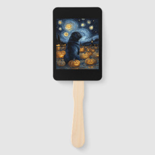 Black Pug dog of van gogh starry night halloween F Hand Fan