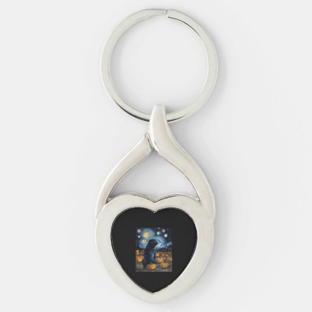 Black Pug dog of van gogh starry night halloween F Key Ring (Front)