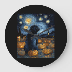 Black Pug dog of van gogh starry night halloween F Large Clock