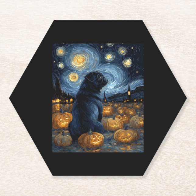 Black Pug dog of van gogh starry night halloween F Paper Coaster (Front)