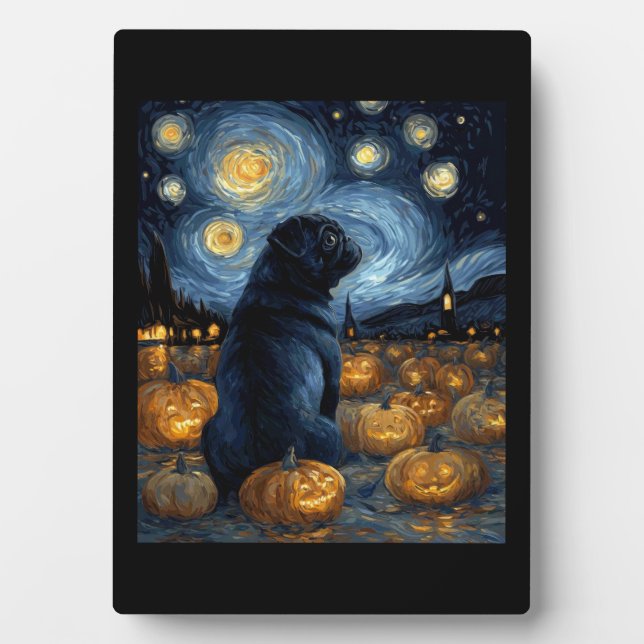 Black Pug dog of van gogh starry night halloween F Plaque (Front)