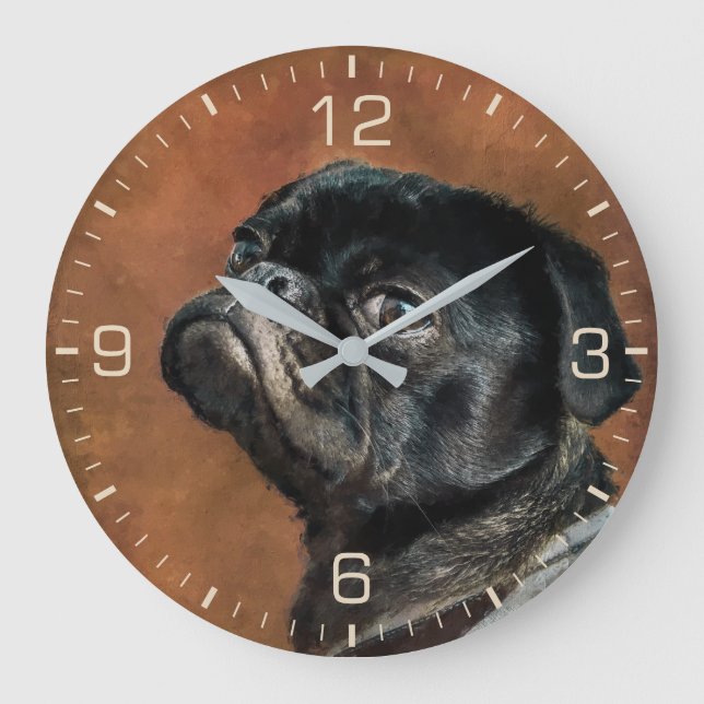 Black Pug Dog photo Large Clock (Front)