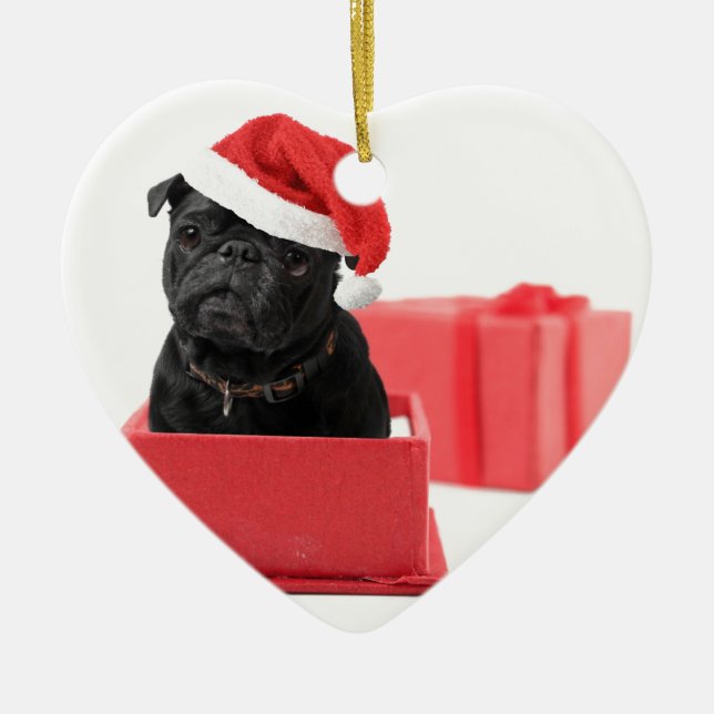 Black pug dog present or gift ceramic tree decoration (Front)