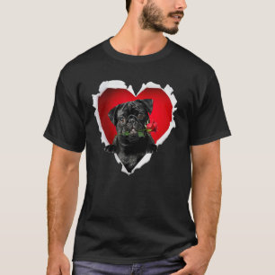 BLACK Pug Dog Rose Heart Valentines Day Couple Men T-Shirt