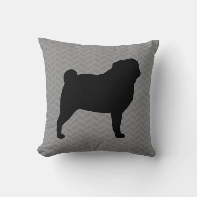 Black Pug Dog Silhouette on Grey Herringbone Cushion (Front)