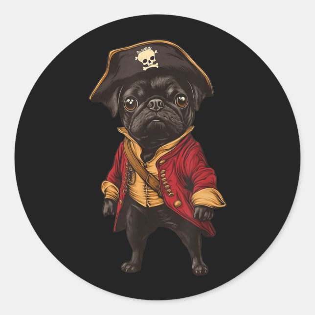 Black Pug Dressed As A Pirate Funny Dog Pug Classic Round Sticker (Front)