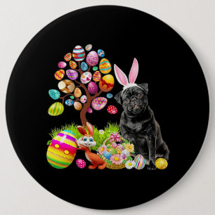 BLACK Pug Easter Egg Tree Dogs Bunny Easters Day 6 Cm Round Badge