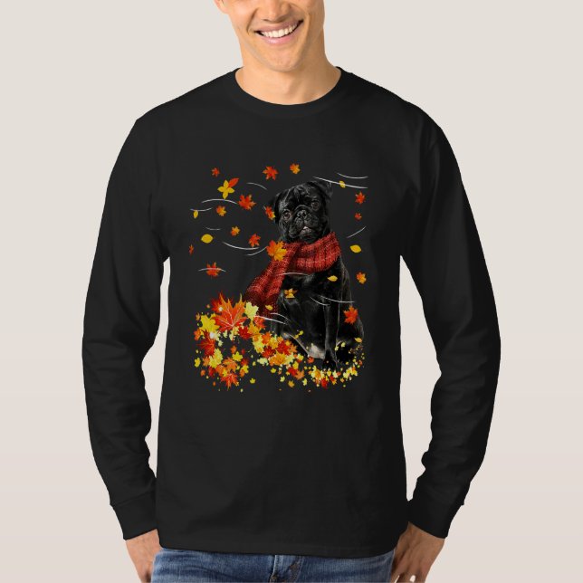 Black Pug Fall Red Scarf Autumn Leaf  For Dog T-Shirt (Front)