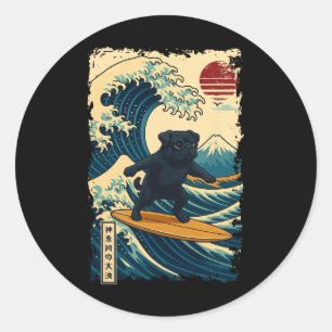 Black Pug Japanese Kanagawa Wave Surfing Japan Mom Classic Round Sticker