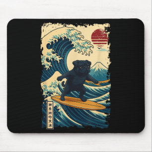 Black Pug Japanese Kanagawa Wave Surfing Japan Mum Mouse Pad
