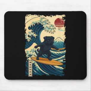 Black Pug Japanese Kanagawa Wave Surfing Japan Mum Mouse Pad