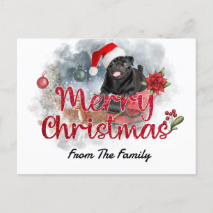 Black Pug Merry Christmas with Poinsettia Flower Postcard