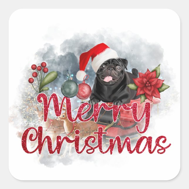 Black Pug Merry Christmas with Poinsettia Flower Square Sticker (Front)