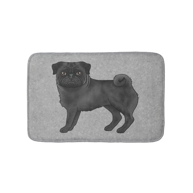 Black Pug Mops Breed Dog Cartoon Illustration Grey Bath Mat (Front)