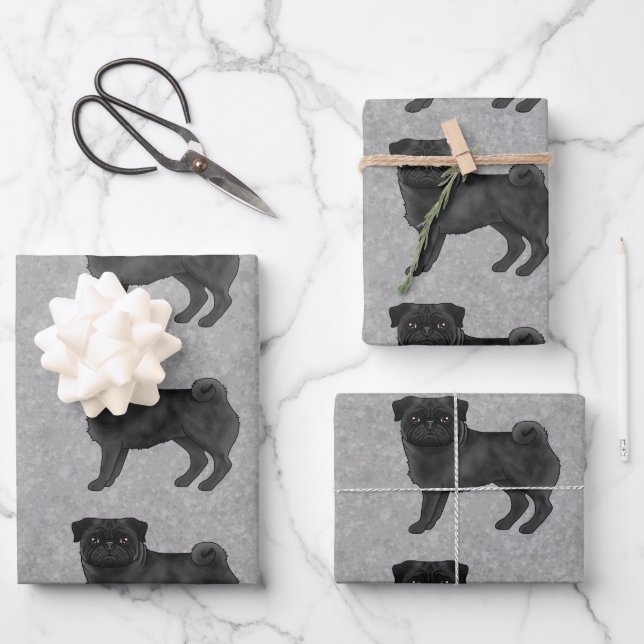 Black Pug Mops Dog Breed Design Pattern On Grey Wrapping Paper Sheet (Front)