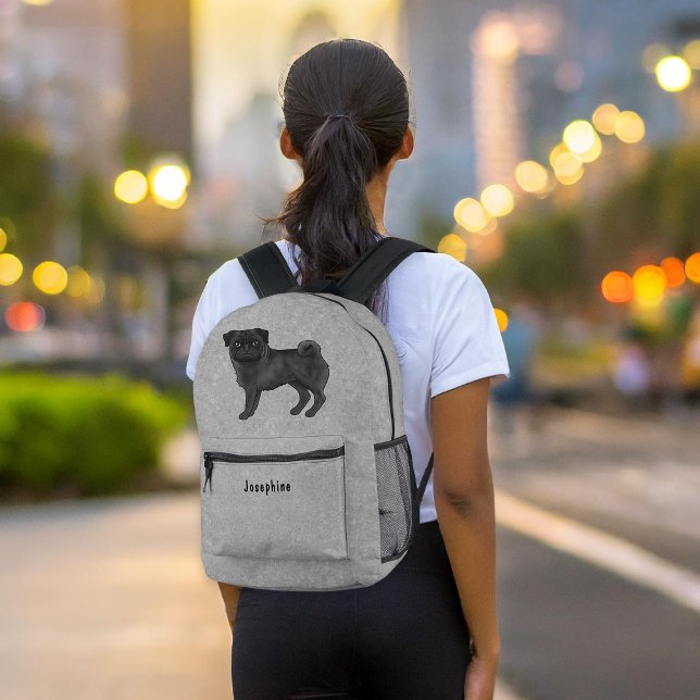 Black Pug Mops Dog Breed Design With Custom Text Printed Backpack (Please note: This image is a digital mockup. The product may not be in scale.)