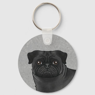 Black Pug Mops Dog Head Close-Up And Custom Name Key Ring