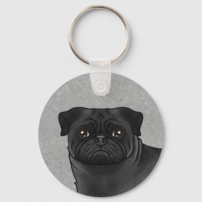 Black Pug Mops Dog Head Close-Up And Custom Name Key Ring (Front)
